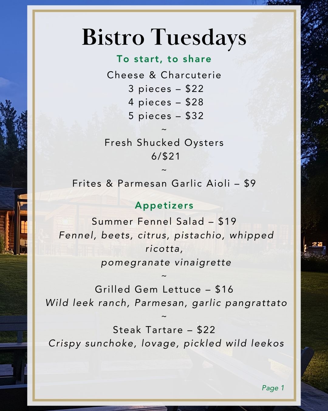 Bistro Tuesdays Menu 2026